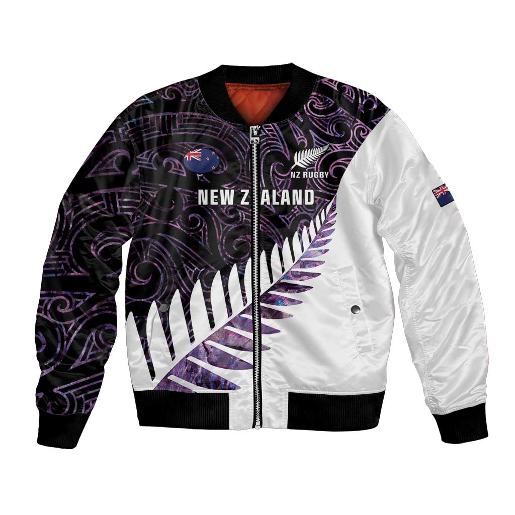 New Zealand Silver Fern Rugby Custom Bomber Jacket Go All Black Purple Maori Paua Shell - Polynesian Pride