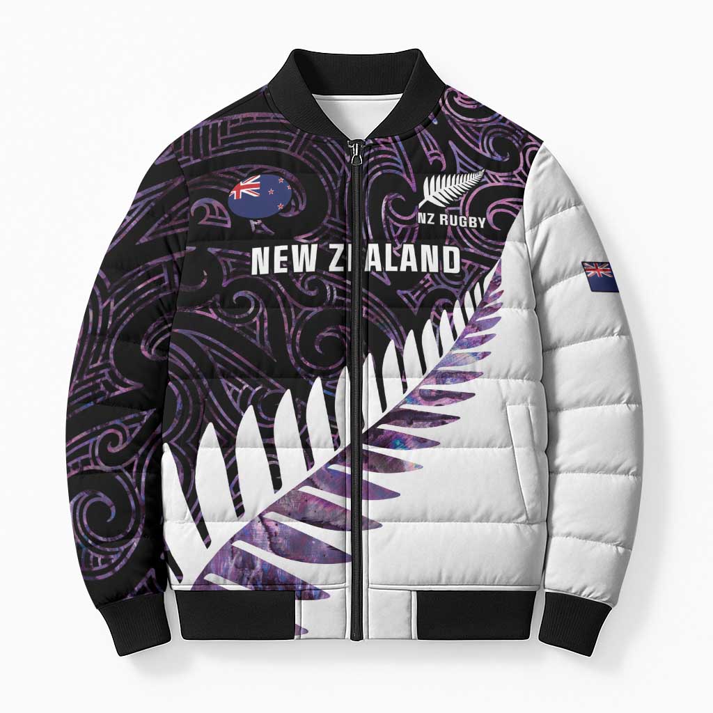 New Zealand Silver Fern Rugby Custom Bomber Puffer Jacket Go All Black Purple Maori Paua Shell - Polynesian Pride