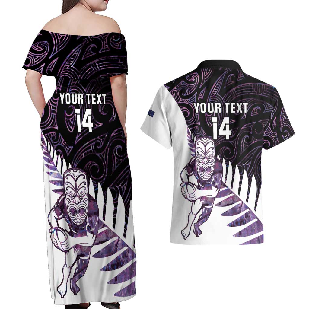 New Zealand Silver Fern Rugby Custom Couples Matching Off Shoulder Maxi Dress and Hawaiian Shirt Go All Black Purple Maori Paua Shell - Polynesian Pride