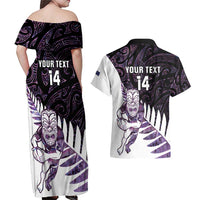 New Zealand Silver Fern Rugby Custom Couples Matching Off Shoulder Maxi Dress and Hawaiian Shirt Go All Black Purple Maori Paua Shell - Polynesian Pride