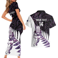 New Zealand Silver Fern Rugby Custom Couples Matching Short Sleeve Bodycon Dress and Hawaiian Shirt Go All Black Purple Maori Paua Shell - Polynesian Pride