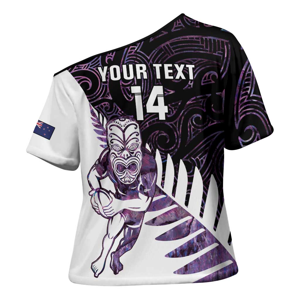 New Zealand Silver Fern Rugby Custom Cross Shoulder Shirt Go All Black Purple Maori Paua Shell - Polynesian Pride