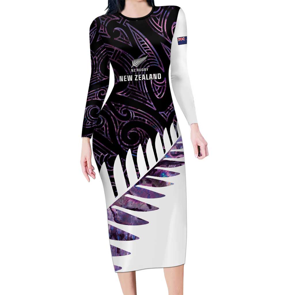 New Zealand Silver Fern Rugby Custom Family Matching Long Sleeve Bodycon Dress and Hawaiian Shirt Go All Black Purple Maori Paua Shell - Polynesian Pride