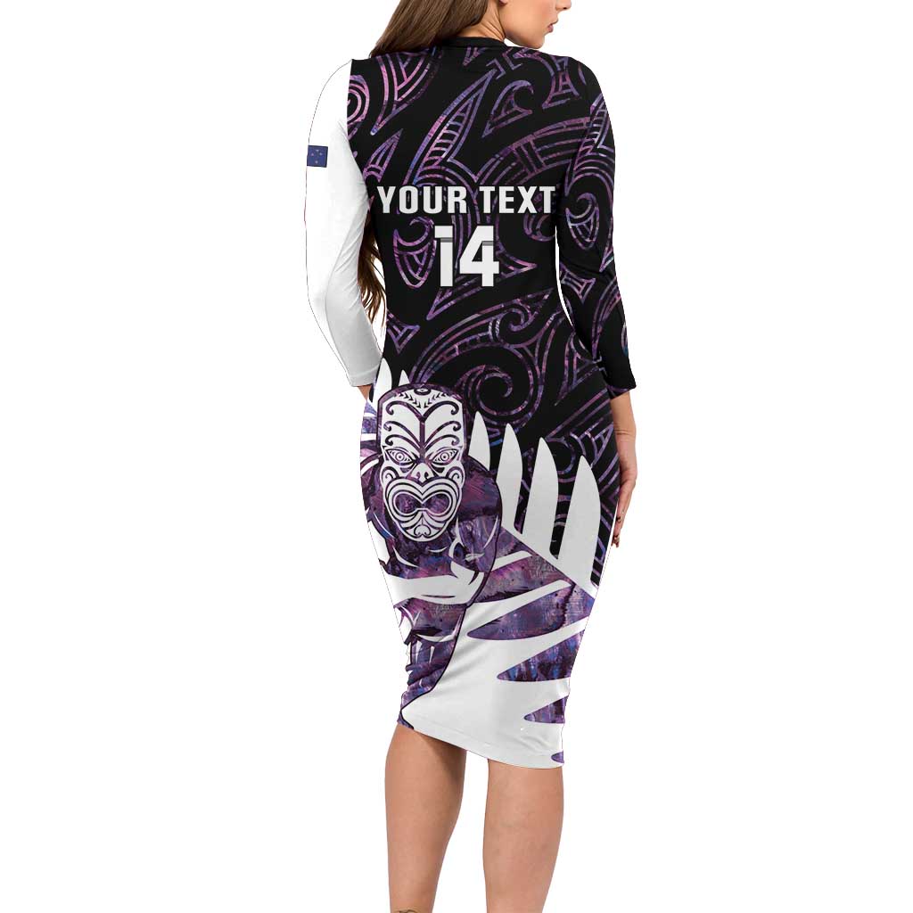New Zealand Silver Fern Rugby Custom Family Matching Long Sleeve Bodycon Dress and Hawaiian Shirt Go All Black Purple Maori Paua Shell - Polynesian Pride