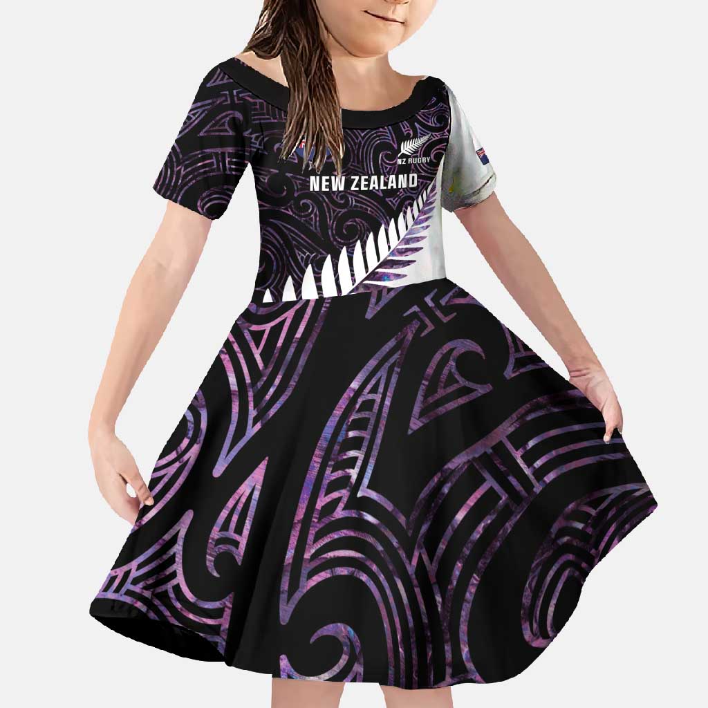 New Zealand Silver Fern Rugby Custom Family Matching Mermaid Dress and Hawaiian Shirt Go All Black Purple Maori Paua Shell - Polynesian Pride