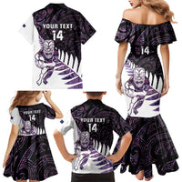 New Zealand Silver Fern Rugby Custom Family Matching Mermaid Dress and Hawaiian Shirt Go All Black Purple Maori Paua Shell - Polynesian Pride