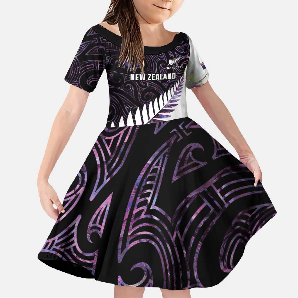 New Zealand Silver Fern Rugby Custom Family Matching Off Shoulder Maxi Dress and Hawaiian Shirt Go All Black Purple Maori Paua Shell - Polynesian Pride