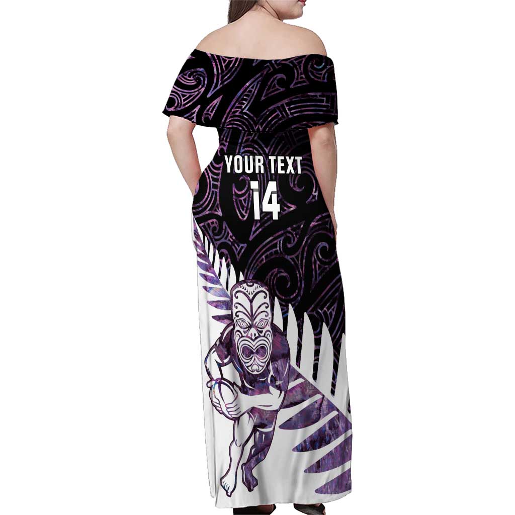 New Zealand Silver Fern Rugby Custom Family Matching Off Shoulder Maxi Dress and Hawaiian Shirt Go All Black Purple Maori Paua Shell - Polynesian Pride
