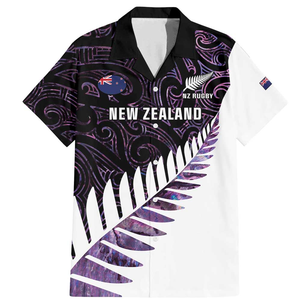 New Zealand Silver Fern Rugby Custom Family Matching Off Shoulder Short Dress and Hawaiian Shirt Go All Black Purple Maori Paua Shell - Polynesian Pride
