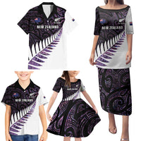 New Zealand Silver Fern Rugby Custom Family Matching Puletasi and Hawaiian Shirt Go All Black Purple Maori Paua Shell - Polynesian Pride