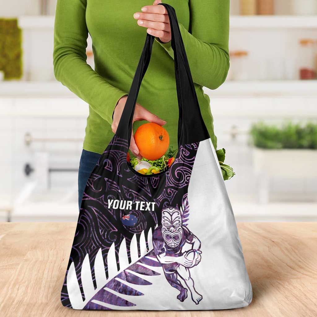 New Zealand Silver Fern Rugby Custom Grocery Bag Go All Black Purple Maori Paua Shell - Polynesian Pride