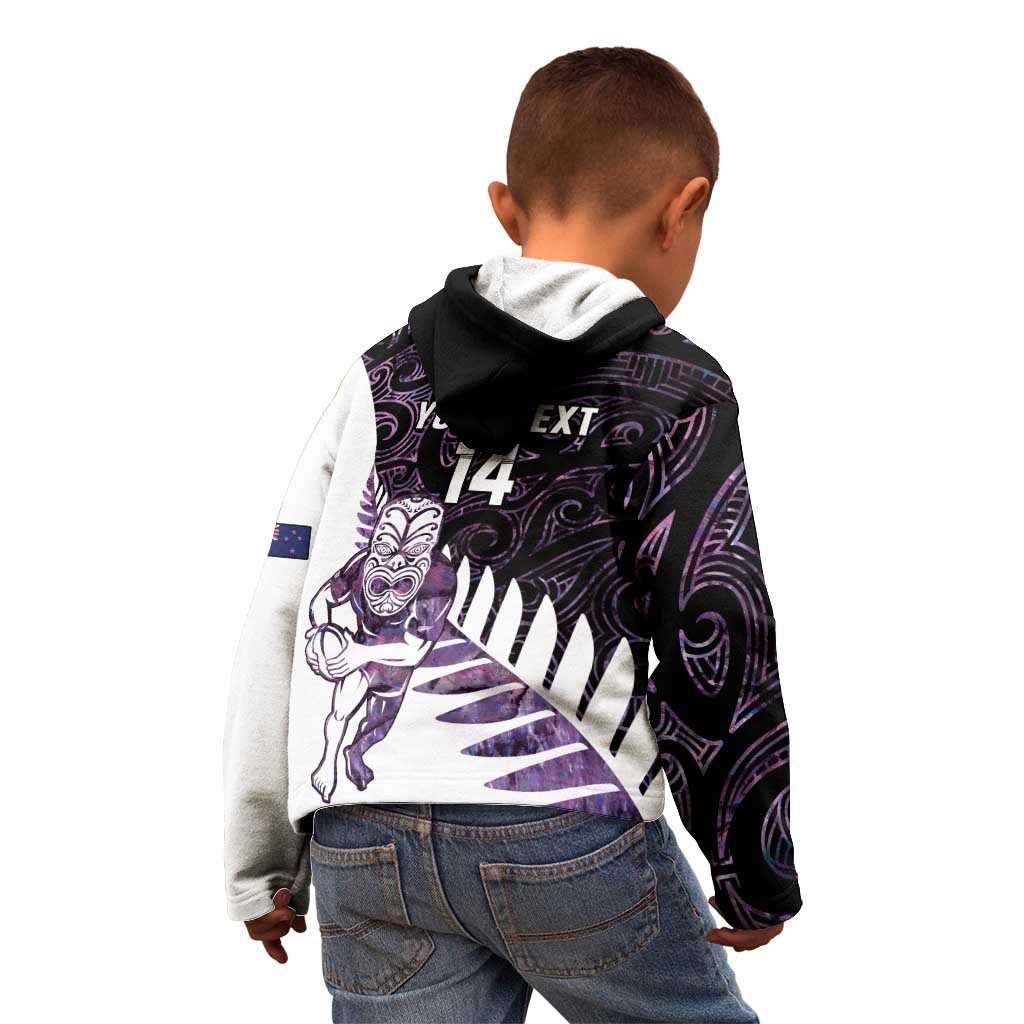 New Zealand Silver Fern Rugby Custom Kid Hoodie Go All Black Purple Maori Paua Shell - Polynesian Pride