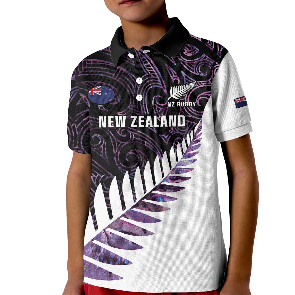 New Zealand Silver Fern Rugby Custom Kid Polo Shirt Go All Black Purple Maori Paua Shell - Polynesian Pride