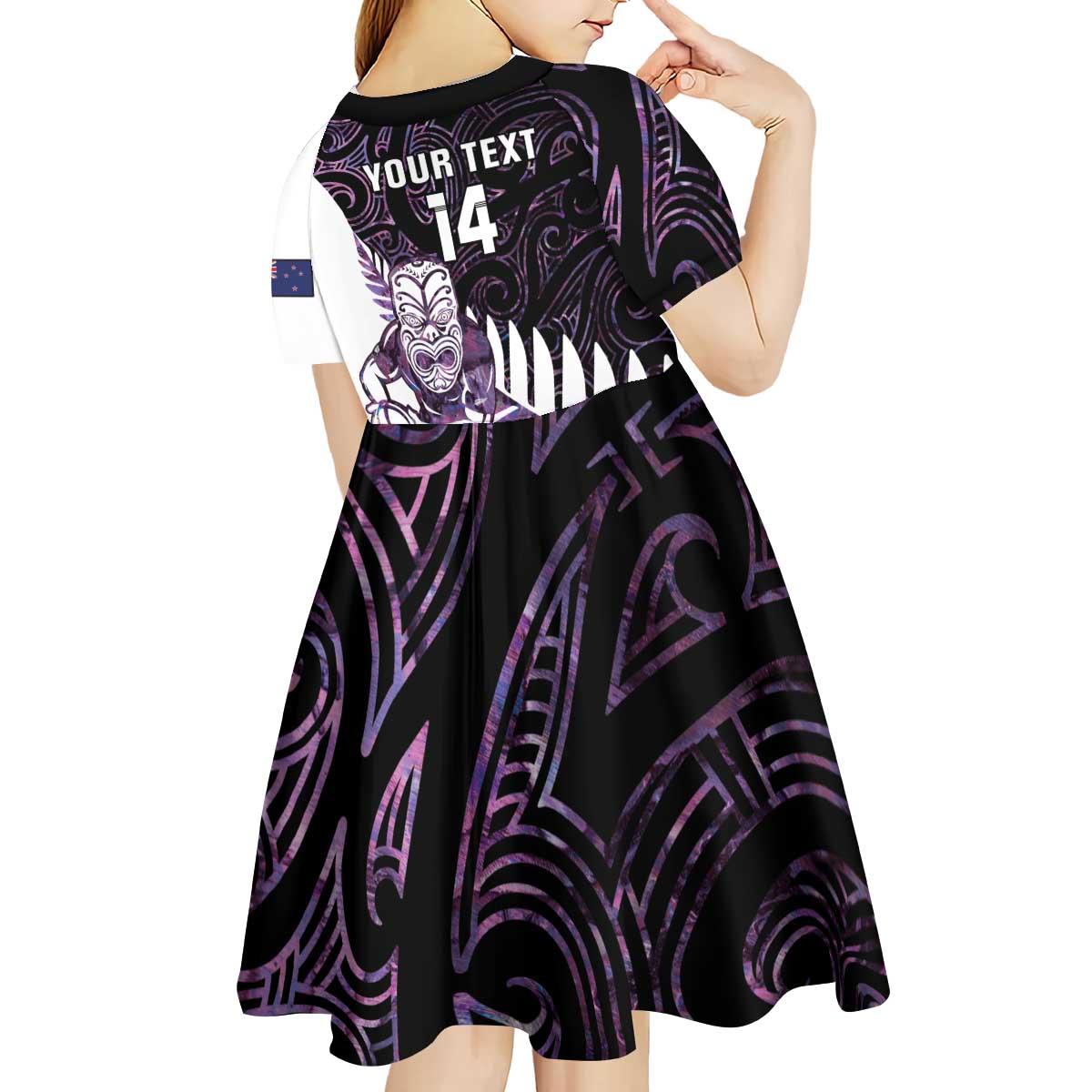 New Zealand Silver Fern Rugby Custom Kid Short Sleeve Dress Go All Black Purple Maori Paua Shell - Polynesian Pride