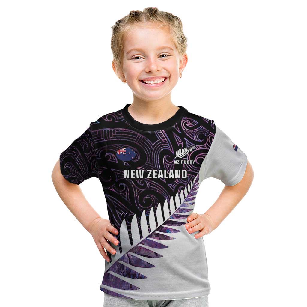 New Zealand Silver Fern Rugby Custom Kid T Shirt Go All Black Purple Maori Paua Shell - Polynesian Pride