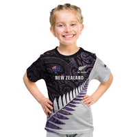 New Zealand Silver Fern Rugby Custom Kid T Shirt Go All Black Purple Maori Paua Shell - Polynesian Pride