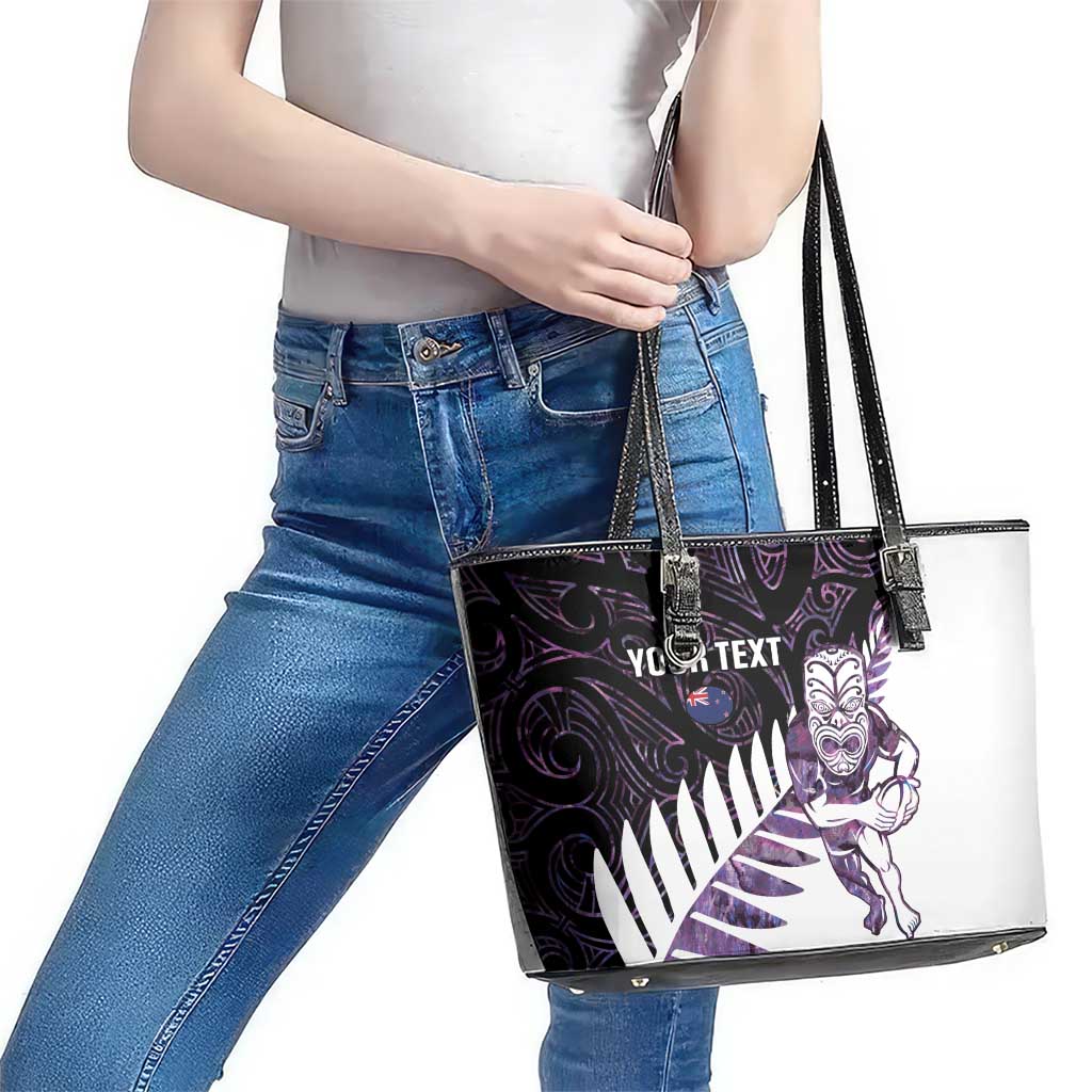 New Zealand Silver Fern Rugby Custom Leather Tote Bag Go All Black Purple Maori Paua Shell - Polynesian Pride
