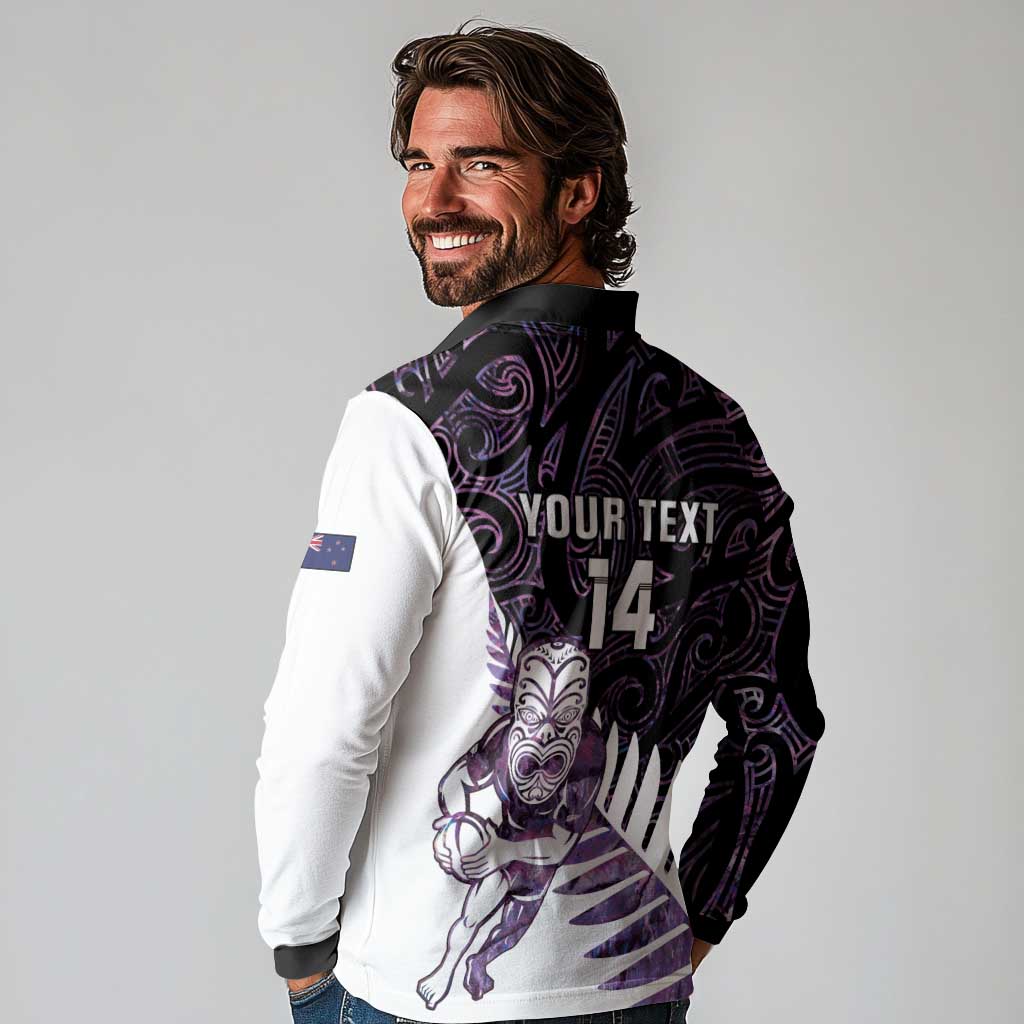 New Zealand Silver Fern Rugby Custom Long Sleeve Polo Shirt Go All Black Purple Maori Paua Shell - Polynesian Pride