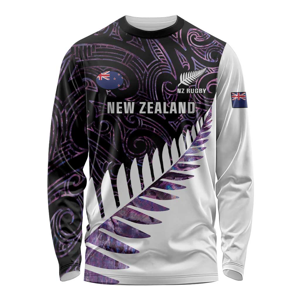 New Zealand Silver Fern Rugby Custom Long Sleeve Shirt Go All Black Purple Maori Paua Shell - Polynesian Pride