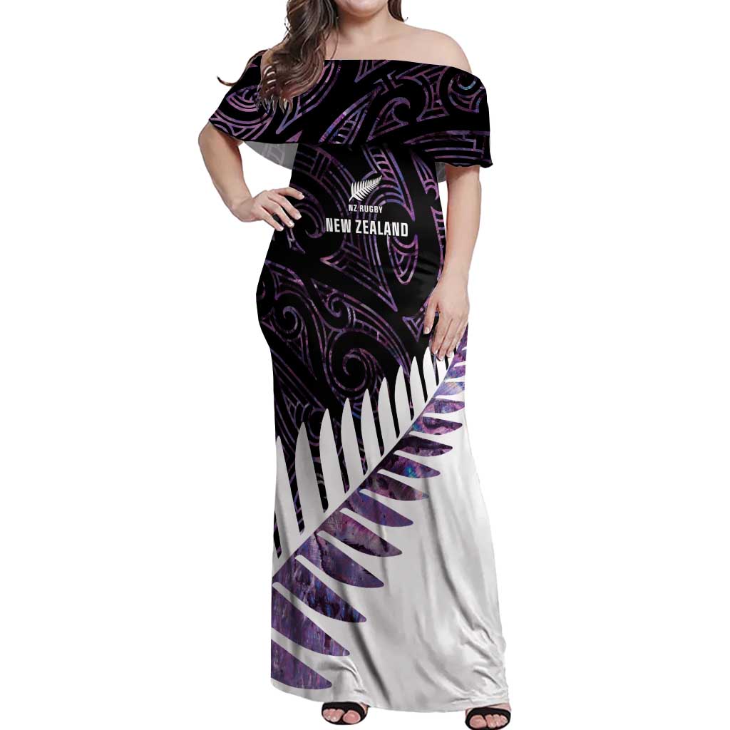 New Zealand Silver Fern Rugby Custom Off Shoulder Maxi Dress Go All Black Purple Maori Paua Shell - Polynesian Pride