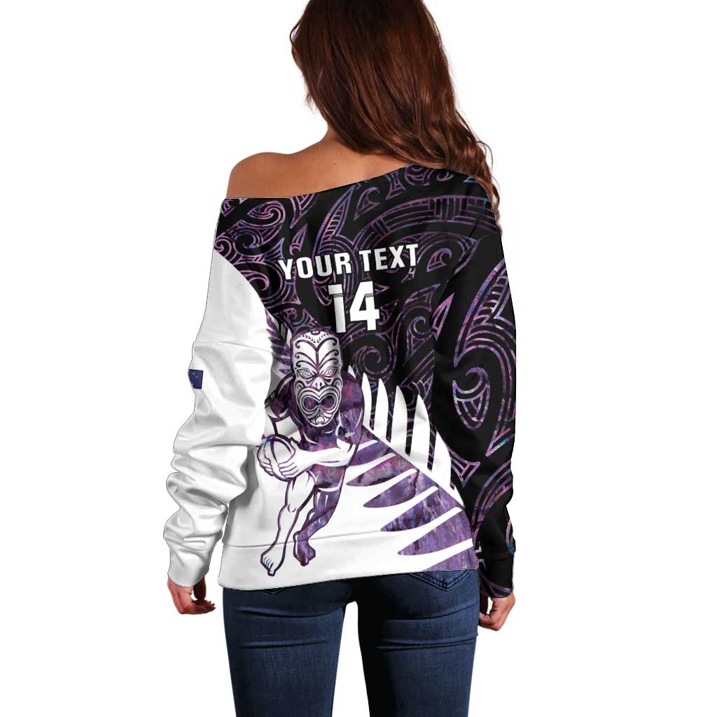 New Zealand Silver Fern Rugby Custom Off Shoulder Sweater Go All Black Purple Maori Paua Shell - Polynesian Pride