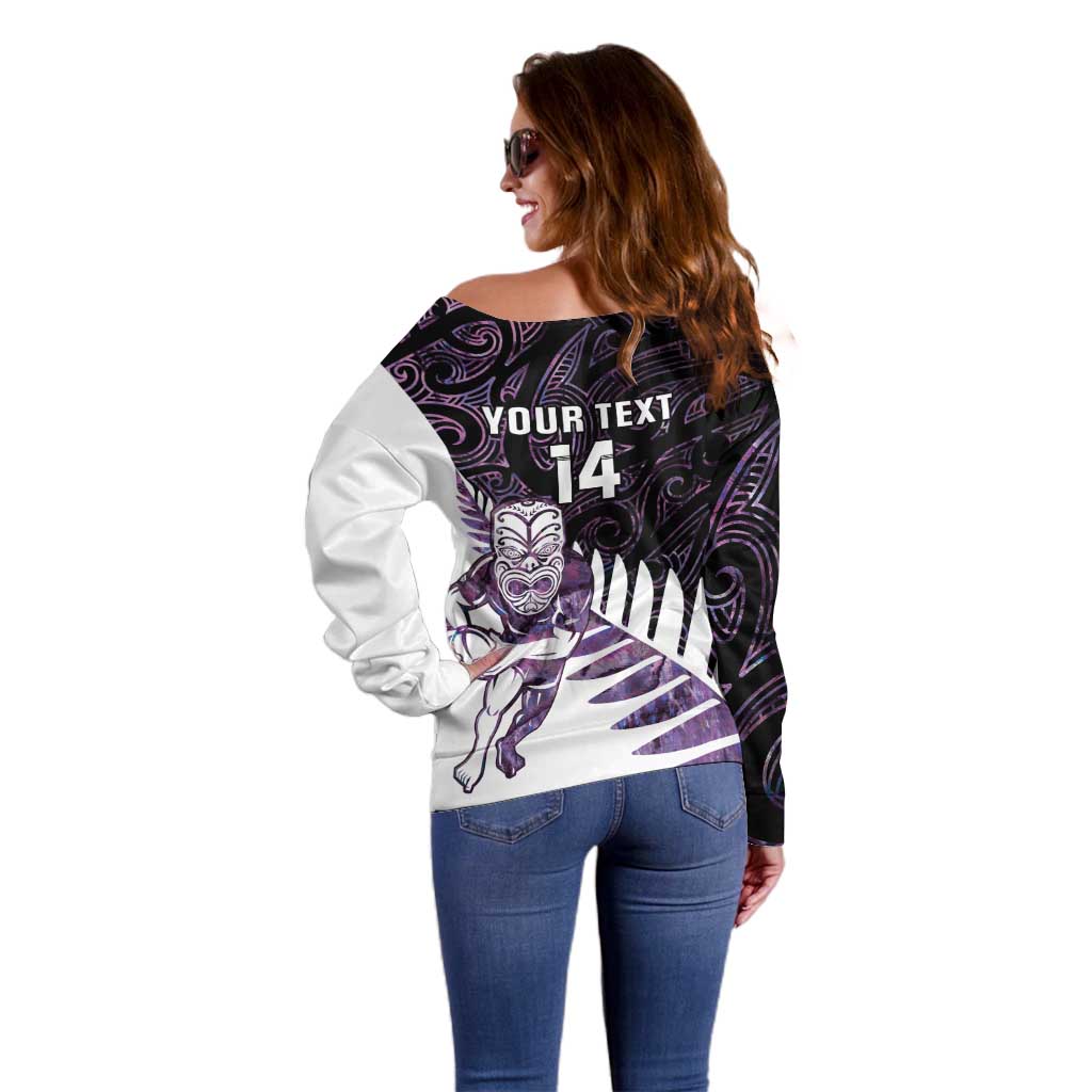 New Zealand Silver Fern Rugby Custom Off Shoulder Sweater Go All Black Purple Maori Paua Shell - Polynesian Pride