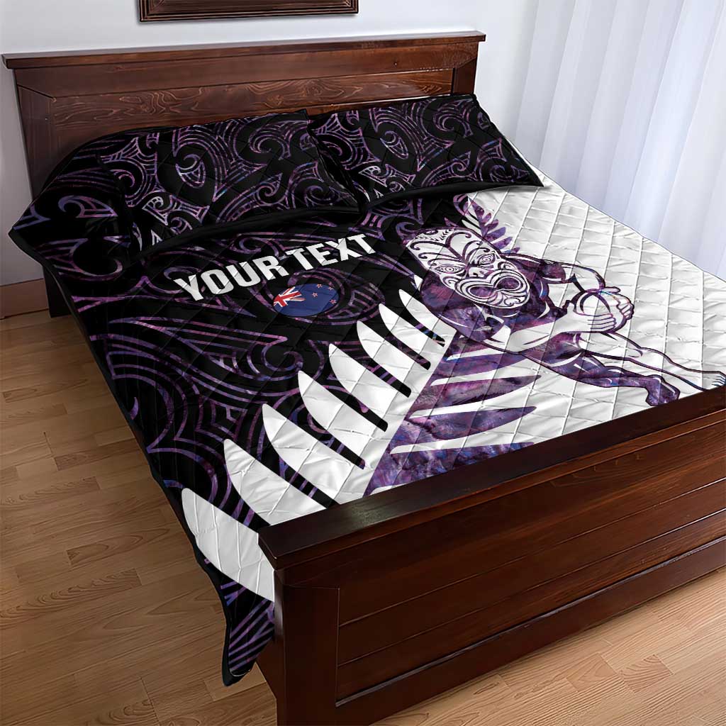 New Zealand Silver Fern Rugby Custom Quilt Bed Set Go All Black Purple Maori Paua Shell - Polynesian Pride