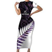 New Zealand Silver Fern Rugby Custom Short Sleeve Bodycon Dress Go All Black Purple Maori Paua Shell - Polynesian Pride