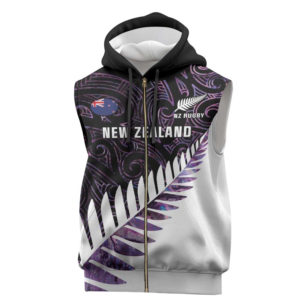 New Zealand Silver Fern Rugby Custom Sleeveless Zip Hoodie Go All Black Purple Maori Paua Shell - Polynesian Pride