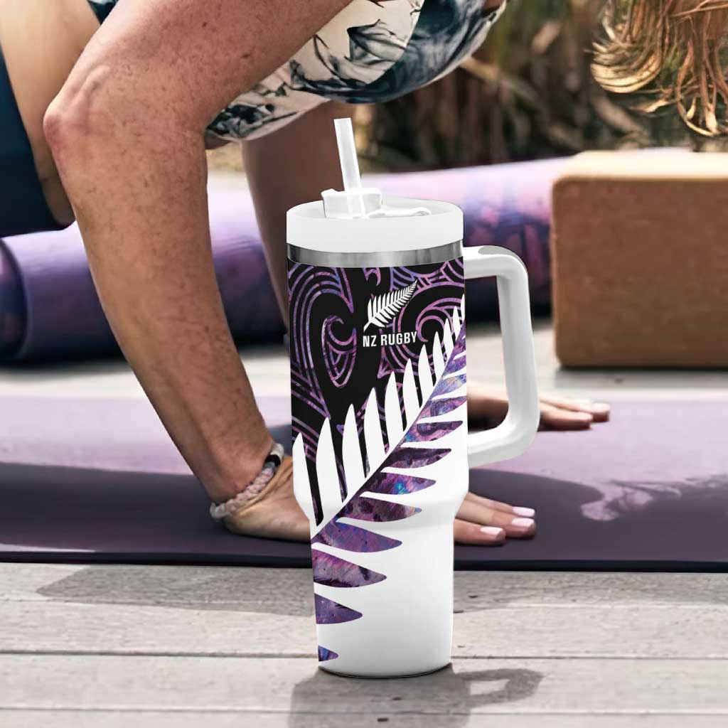 New Zealand Silver Fern Rugby Custom Tumbler With Handle Go All Black Purple Maori Paua Shell - Polynesian Pride