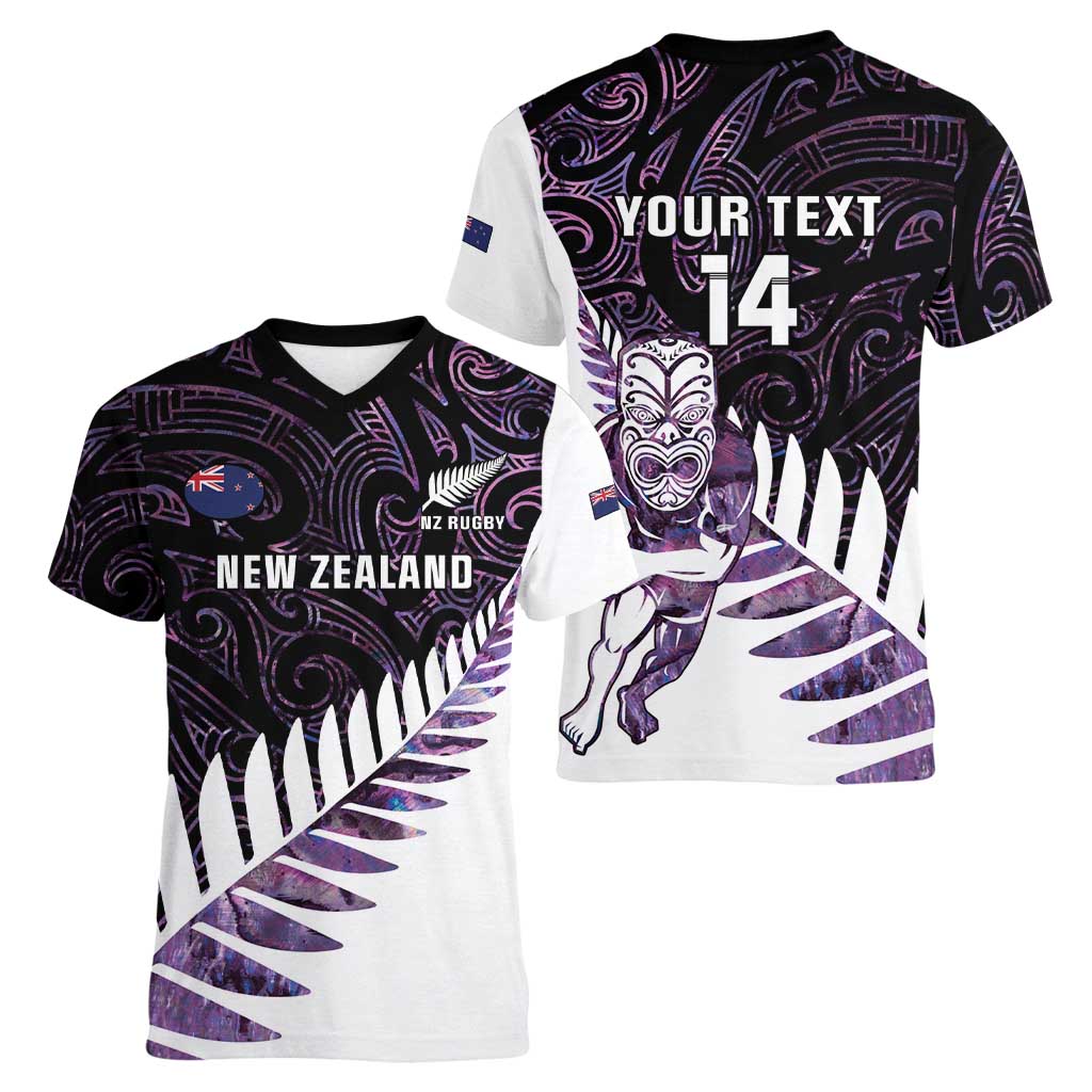 New Zealand Silver Fern Rugby Custom Women V-Neck T-Shirt Go All Black Purple Maori Paua Shell - Polynesian Pride