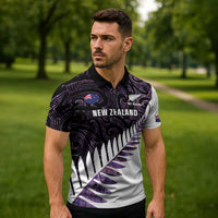 New Zealand Silver Fern Rugby Custom Zipper Polo Shirt Go All Black Purple Maori Paua Shell - Polynesian Pride