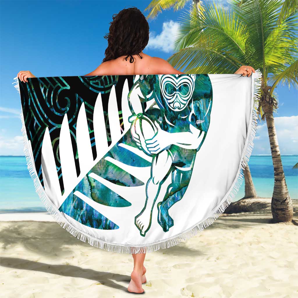 New Zealand Silver Fern Rugby Custom Beach Blanket Go All Black Turquoise Maori Paua Shell - Polynesian Pride