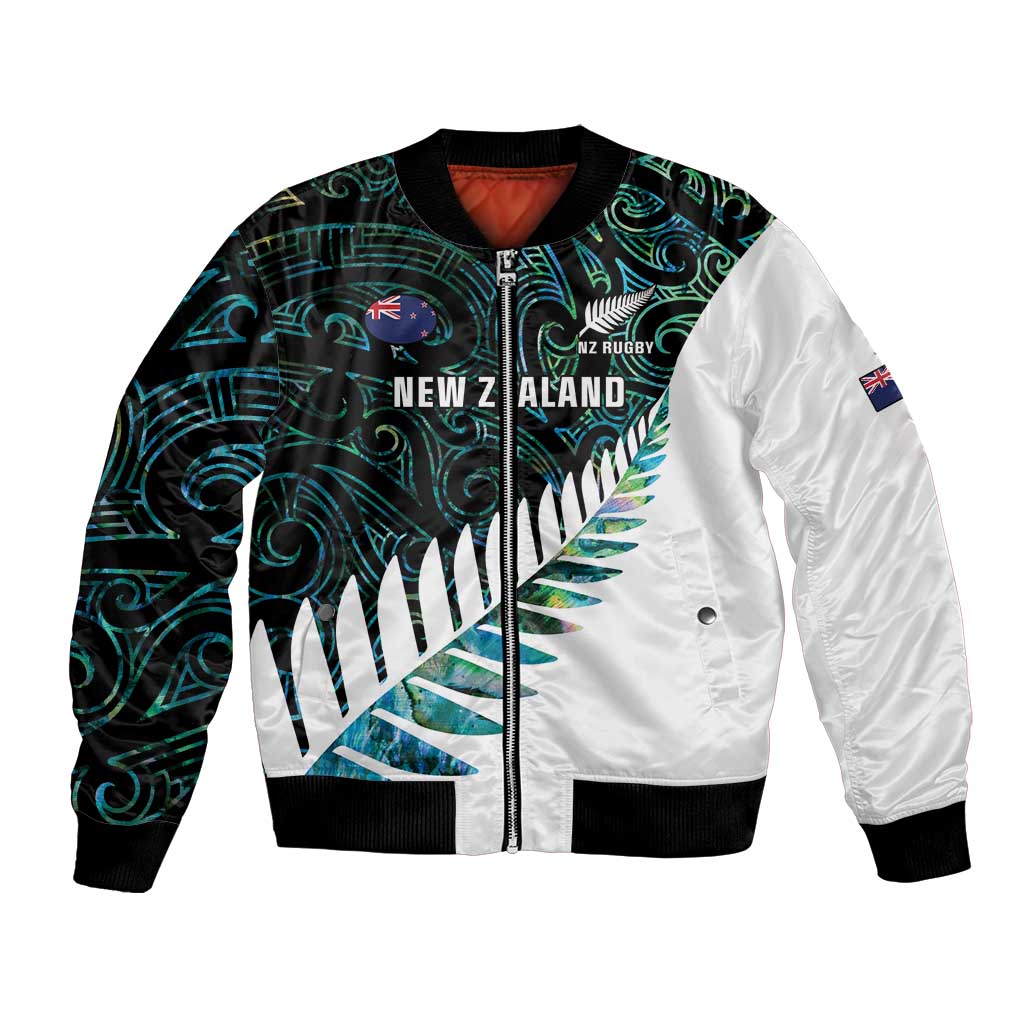 New Zealand Silver Fern Rugby Custom Bomber Jacket Go All Black Turquoise Maori Paua Shell - Polynesian Pride