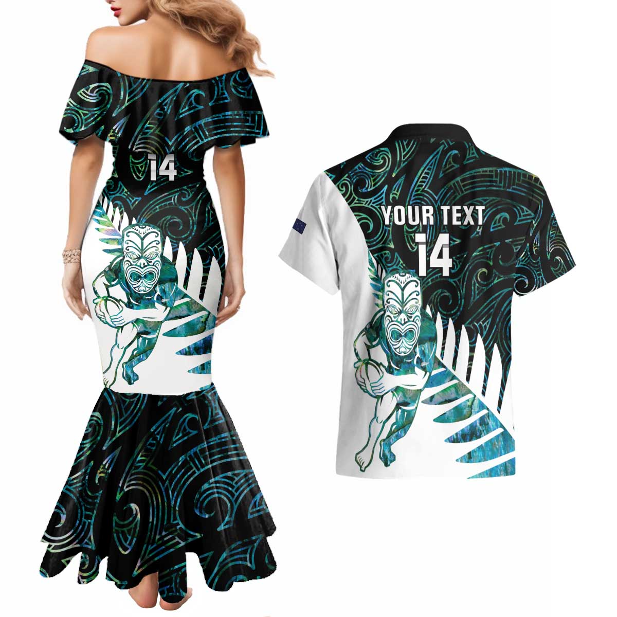 New Zealand Silver Fern Rugby Custom Couples Matching Mermaid Dress and Hawaiian Shirt Go All Black Turquoise Maori Paua Shell - Polynesian Pride