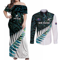 New Zealand Silver Fern Rugby Custom Couples Matching Off Shoulder Maxi Dress and Long Sleeve Button Shirt Go All Black Turquoise Maori Paua Shell - Polynesian Pride