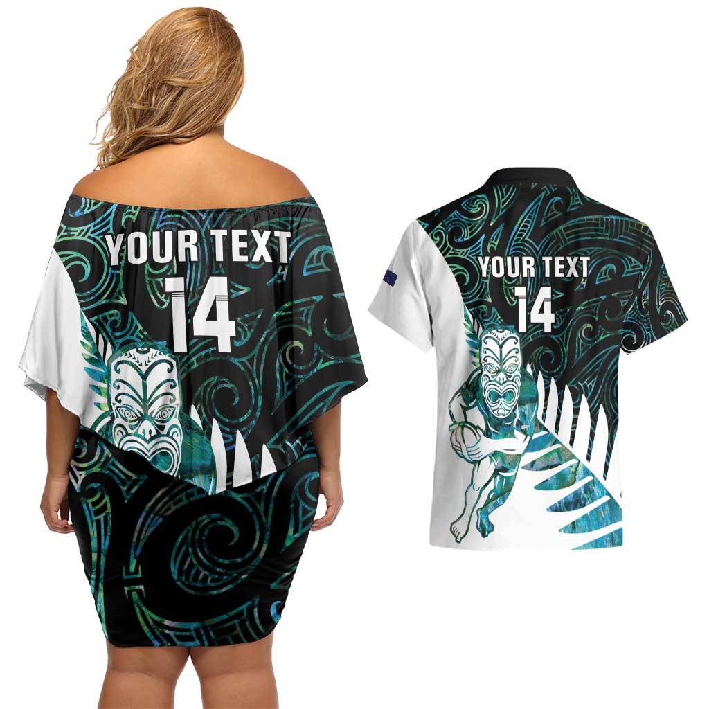 New Zealand Silver Fern Rugby Custom Couples Matching Off Shoulder Short Dress and Hawaiian Shirt Go All Black Turquoise Maori Paua Shell - Polynesian Pride