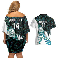 New Zealand Silver Fern Rugby Custom Couples Matching Off Shoulder Short Dress and Hawaiian Shirt Go All Black Turquoise Maori Paua Shell - Polynesian Pride