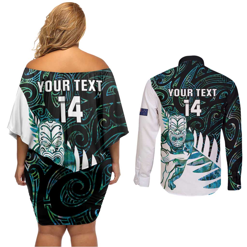 New Zealand Silver Fern Rugby Custom Couples Matching Off Shoulder Short Dress and Long Sleeve Button Shirt Go All Black Turquoise Maori Paua Shell - Polynesian Pride