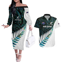 New Zealand Silver Fern Rugby Custom Couples Matching Off The Shoulder Long Sleeve Dress and Hawaiian Shirt Go All Black Turquoise Maori Paua Shell - Polynesian Pride