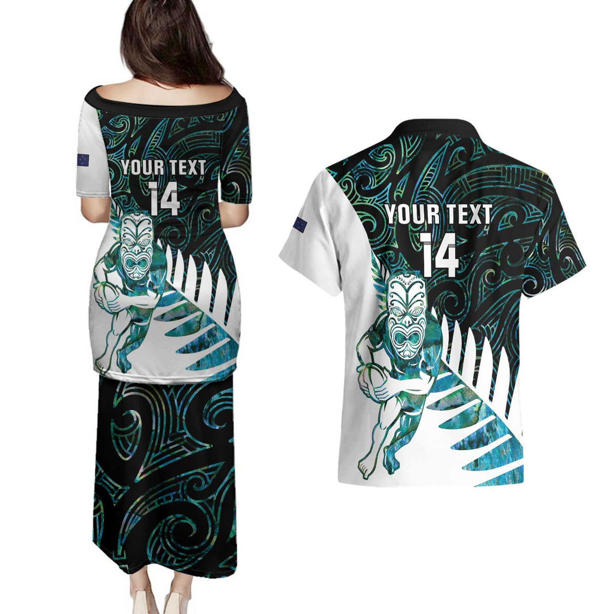New Zealand Silver Fern Rugby Custom Couples Matching Puletasi and Hawaiian Shirt Go All Black Turquoise Maori Paua Shell - Polynesian Pride