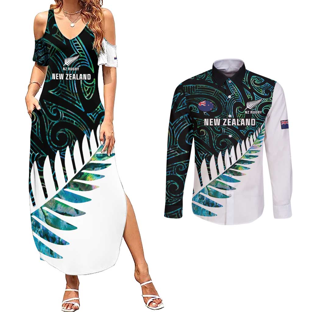 New Zealand Silver Fern Rugby Custom Couples Matching Summer Maxi Dress and Long Sleeve Button Shirt Go All Black Turquoise Maori Paua Shell - Polynesian Pride