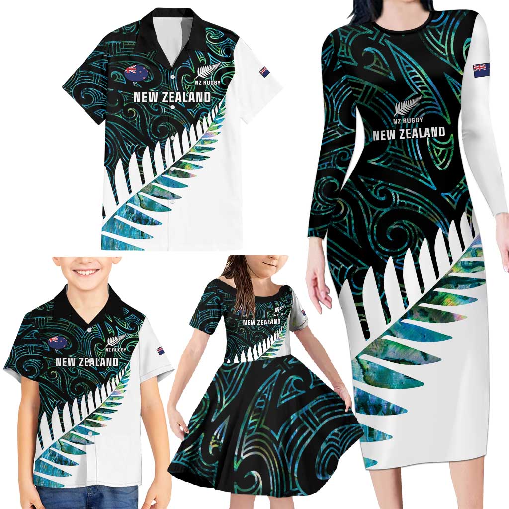 New Zealand Silver Fern Rugby Custom Family Matching Long Sleeve Bodycon Dress and Hawaiian Shirt Go All Black Turquoise Maori Paua Shell - Polynesian Pride