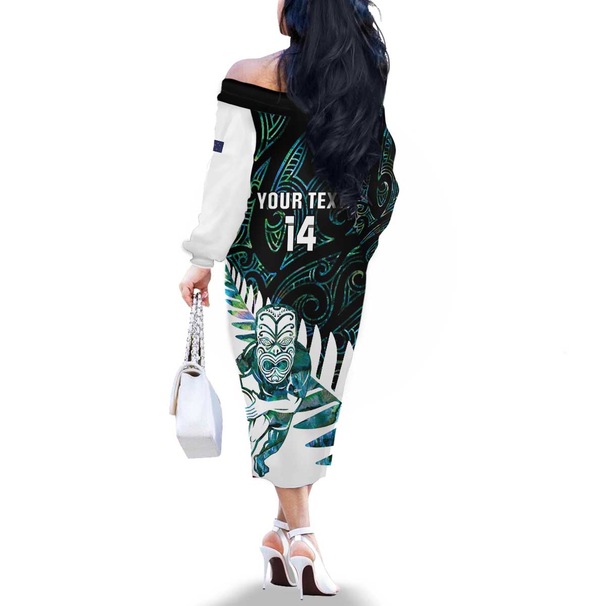 New Zealand Silver Fern Rugby Custom Family Matching Off The Shoulder Long Sleeve Dress and Hawaiian Shirt Go All Black Turquoise Maori Paua Shell - Polynesian Pride