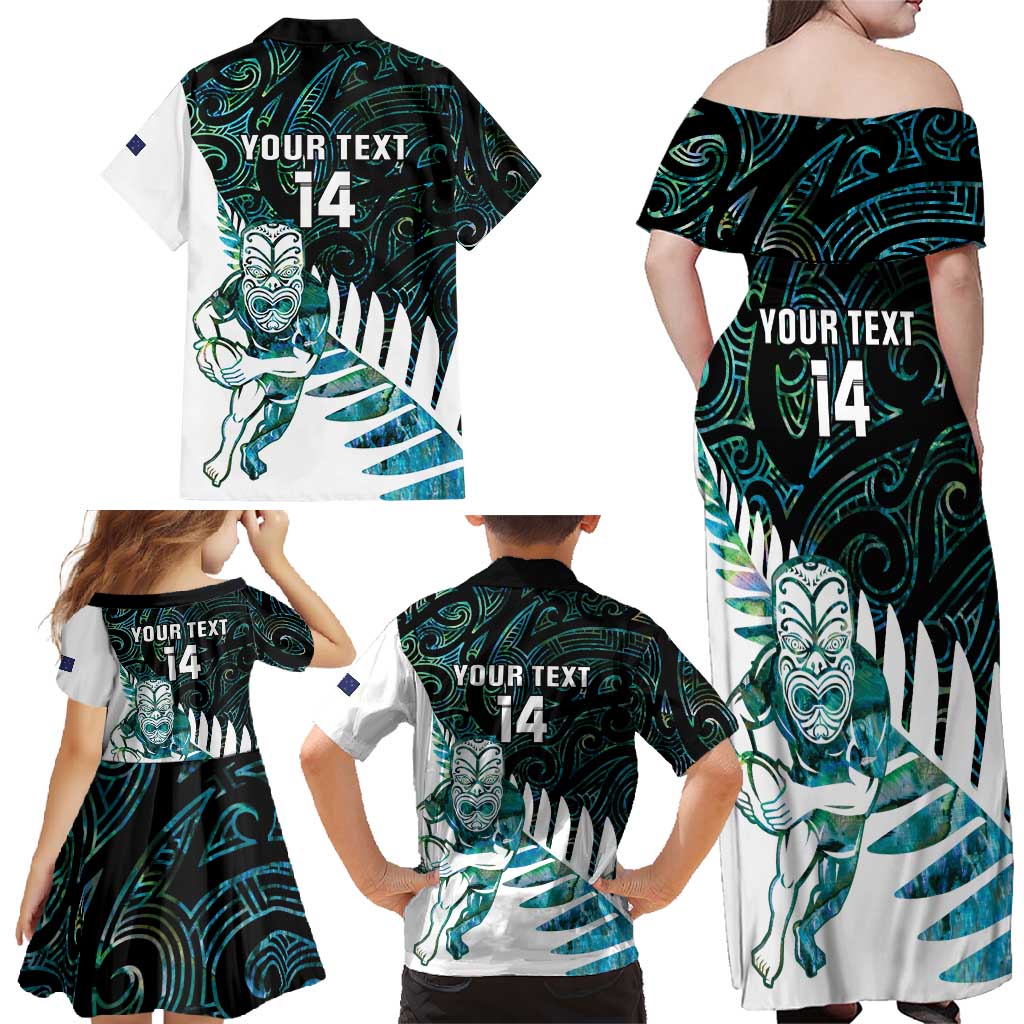 New Zealand Silver Fern Rugby Custom Family Matching Off Shoulder Maxi Dress and Hawaiian Shirt Go All Black Turquoise Maori Paua Shell - Polynesian Pride