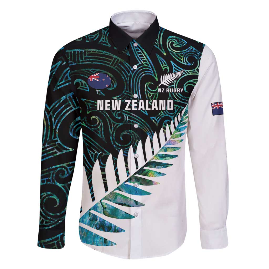 New Zealand Silver Fern Rugby Custom Family Matching Off Shoulder Maxi Dress and Hawaiian Shirt Go All Black Turquoise Maori Paua Shell - Polynesian Pride