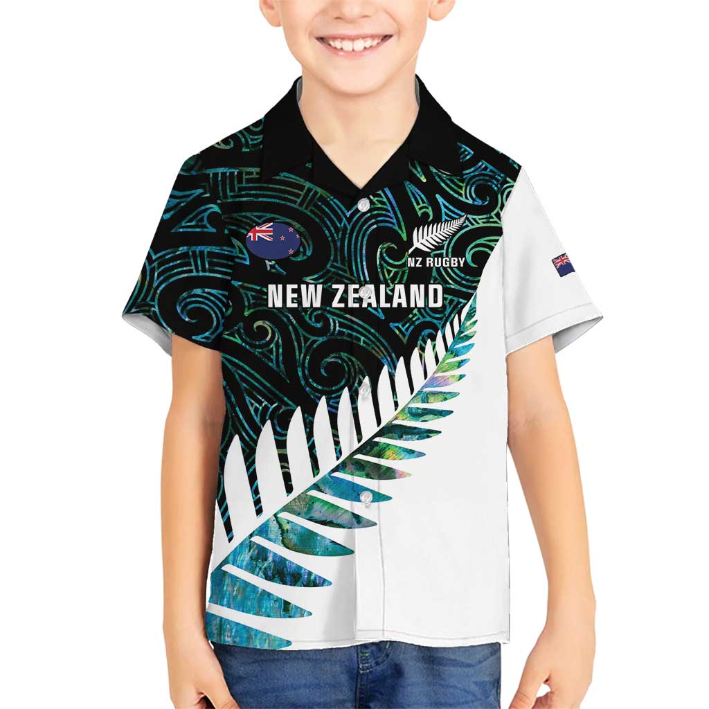 New Zealand Silver Fern Rugby Custom Family Matching Off Shoulder Maxi Dress and Hawaiian Shirt Go All Black Turquoise Maori Paua Shell - Polynesian Pride