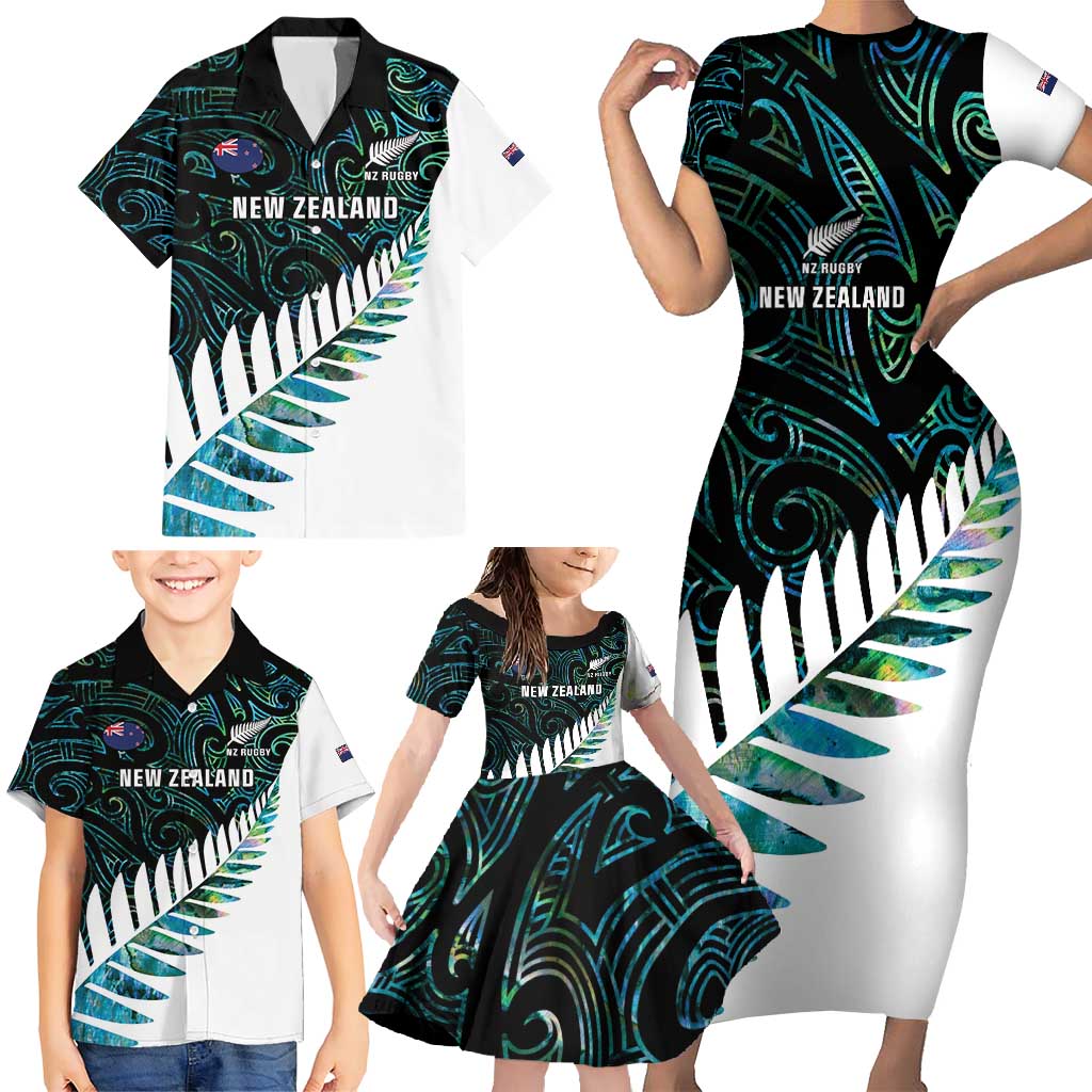 New Zealand Silver Fern Rugby Custom Family Matching Short Sleeve Bodycon Dress and Hawaiian Shirt Go All Black Turquoise Maori Paua Shell - Polynesian Pride