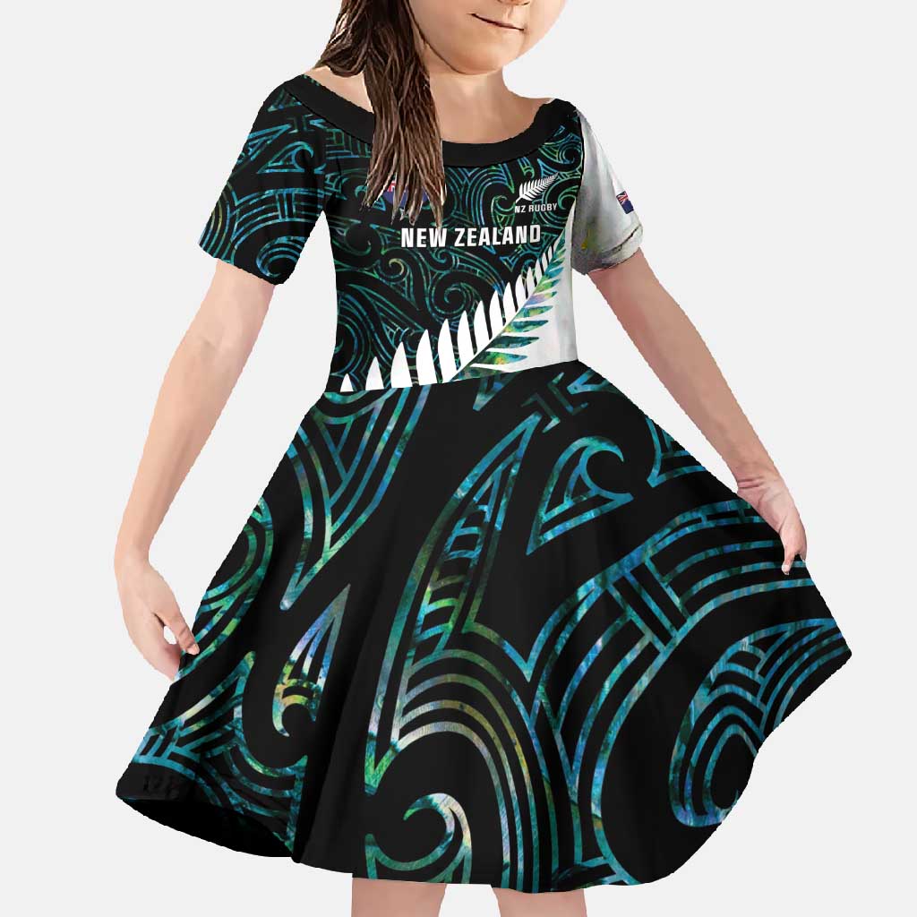 New Zealand Silver Fern Rugby Custom Family Matching Summer Maxi Dress and Hawaiian Shirt Go All Black Turquoise Maori Paua Shell - Polynesian Pride