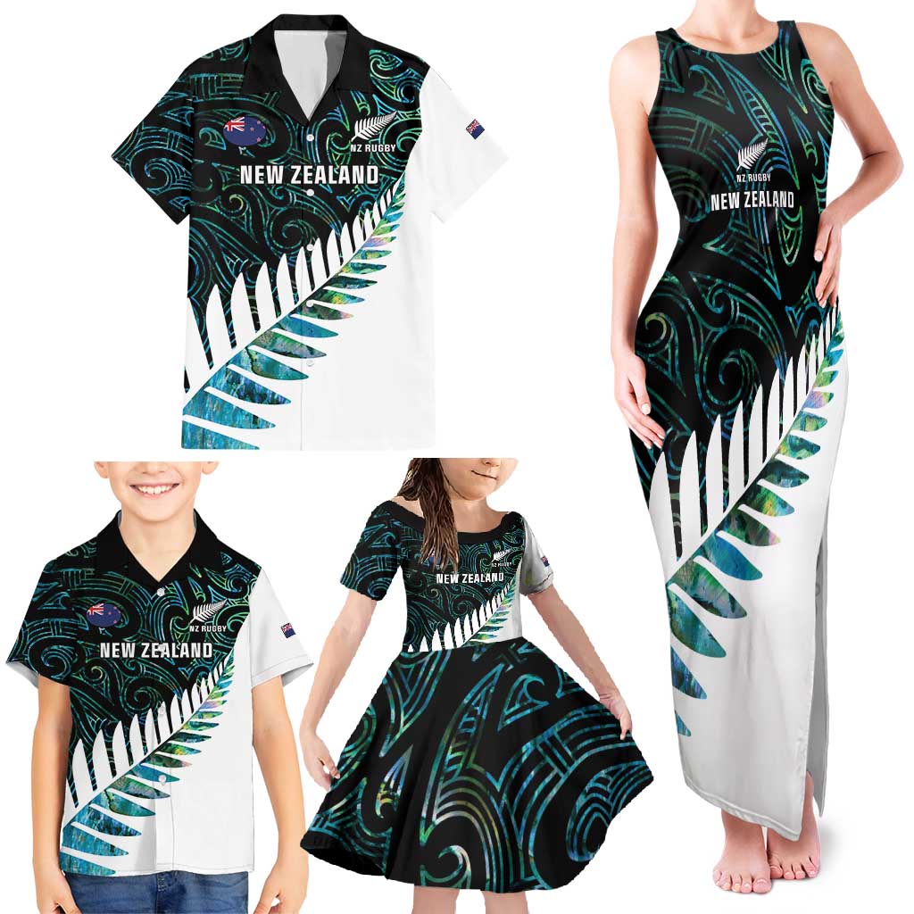 New Zealand Silver Fern Rugby Custom Family Matching Tank Maxi Dress and Hawaiian Shirt Go All Black Turquoise Maori Paua Shell - Polynesian Pride